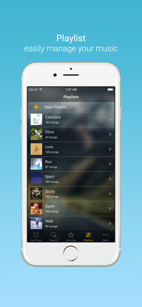 iPhone screenshot of the playlists screen in Music Player showing various categorized music lists like sport study and walk