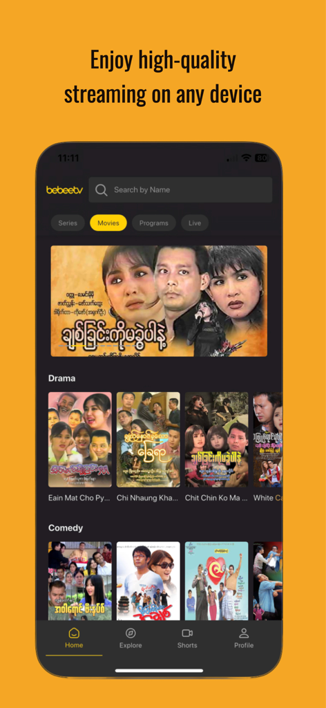 Bebee TV app interface showing a selection of Myanmar movies and drama series