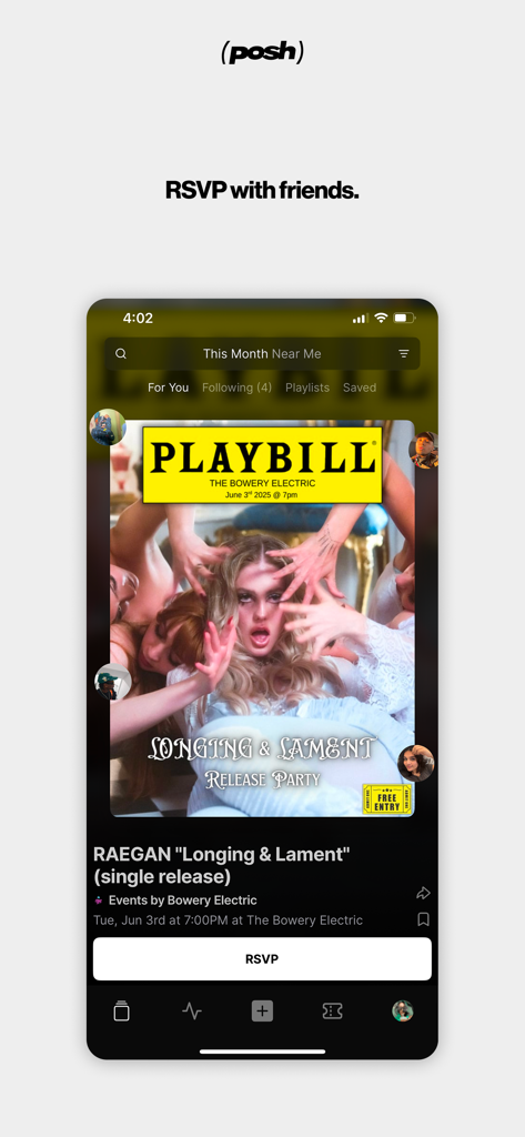 A screenshot of the Posh app showing an event page for a music release party with a prominent RSVP button and social media style feed.