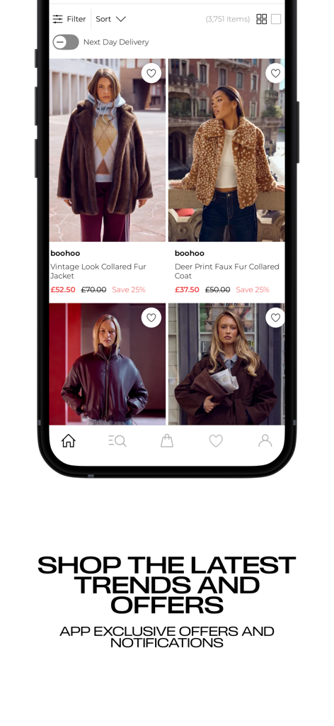 Boohoo app interface displaying fashion trends and exclusive offers on women clothing