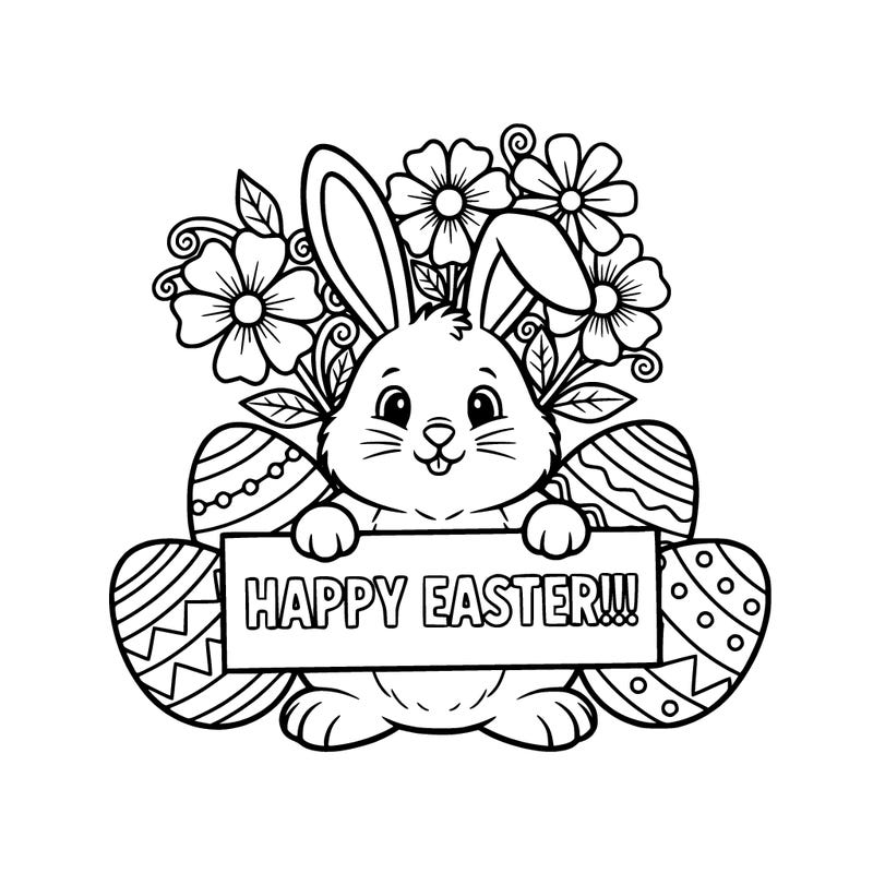 a bunny with eggs surrounding the bunny and the bunny holding a sign that says happy easter!!! and there are flowers where the bunny’s ears are