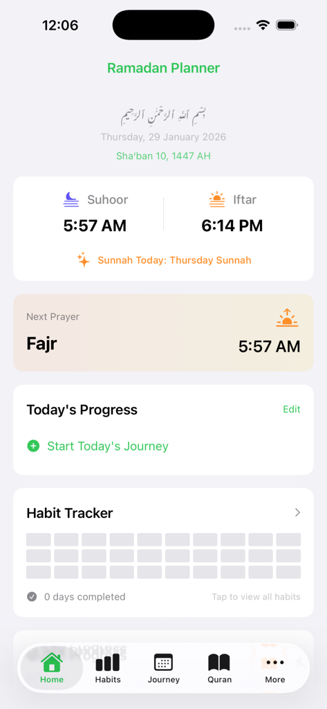 Ramadan Planner: Track & Pray - Ramadan Planner app dashboard showing Suhoor Iftar times and habit tracking progress grid