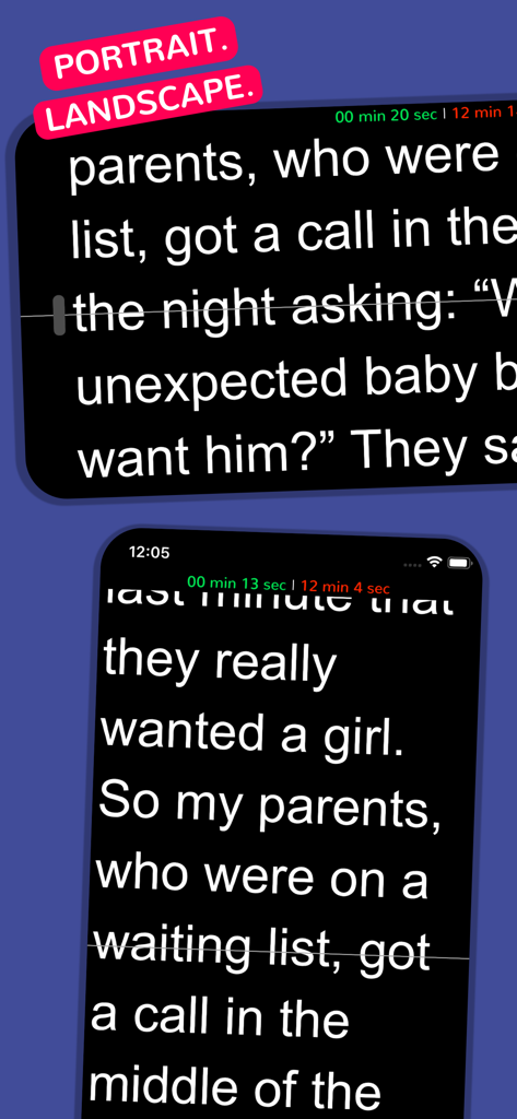 Teleprompter Easy Prof Hornet - Teleprompter app interface showing scrolling script text in both portrait and landscape screen orientations