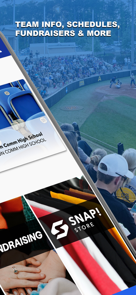 팀 정보, 일정, 모금 옵션 및 Snap! Store를 표시하는 Snap! Mobile 앱 인터페이스.