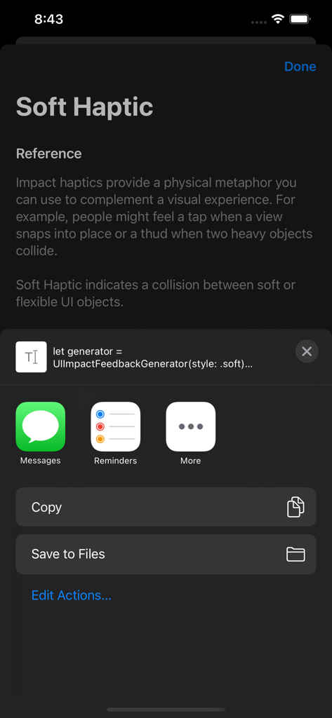 HapticKit interface showing Soft Haptic reference details and a share sheet for copying Swift code snippets.