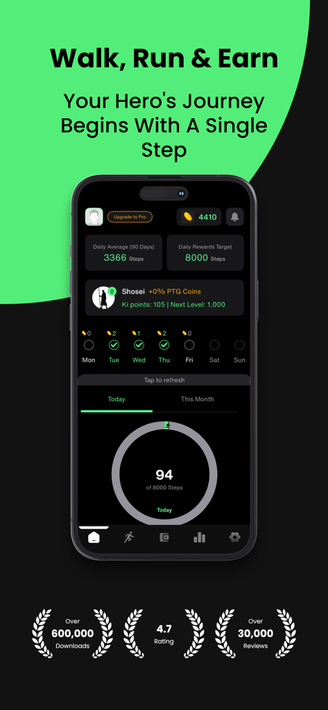 PaidToGo - Walk & Earn Cash - PaidToGo app dashboard showing daily step tracking and rewards progress