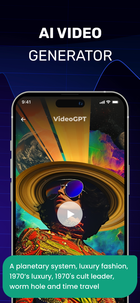 芸術的なビデオプレビューとテキストプロンプトを備えたChat AIビデオジェネレーター機能を示すモバイル画面