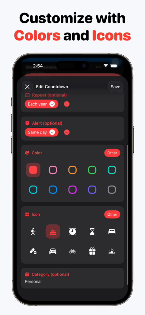 Countdown Widget: Day count - Ein iPhone-Bildschirm, der die Schnittstelle zum Bearbeiten von Countdowns mit verschiedenen Farb- und Icon-Auswahlmöglichkeiten für ein personalisiertes Countdown-Ereignis anzeigt.