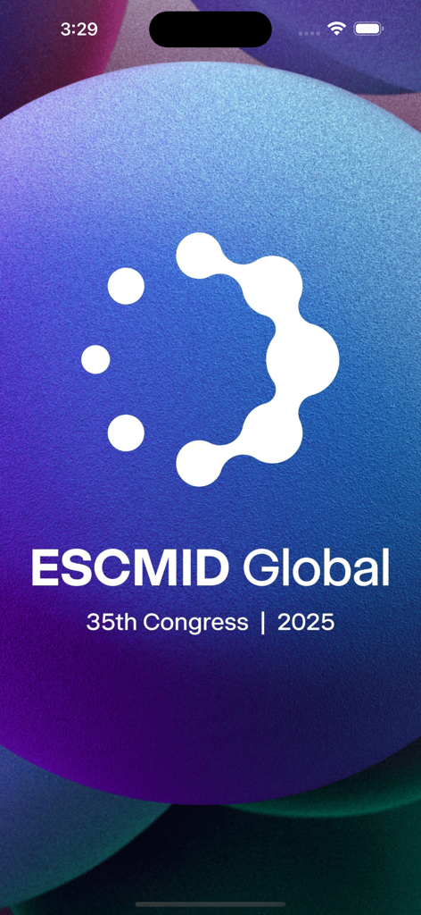 Tela de abertura do aplicativo do 35º Congresso Global ESCMID 2025, apresentando o logotipo oficial e o título do evento.