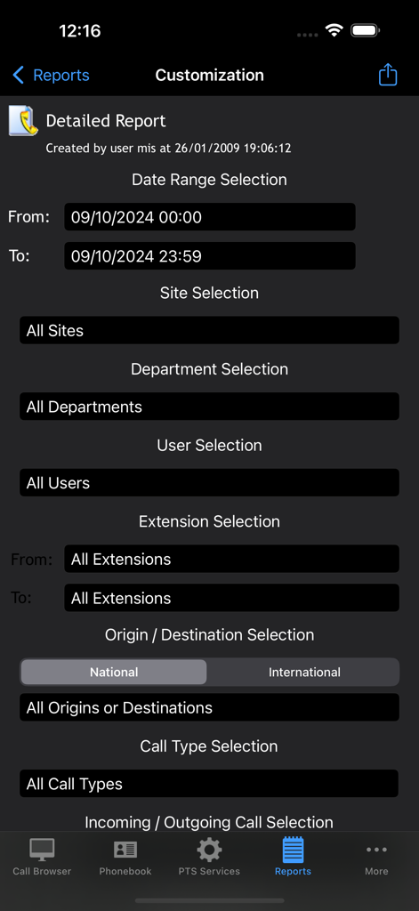 PhoneTrack NexGen Mobile - Interface for customizing a detailed call report with filters for date sites departments and users