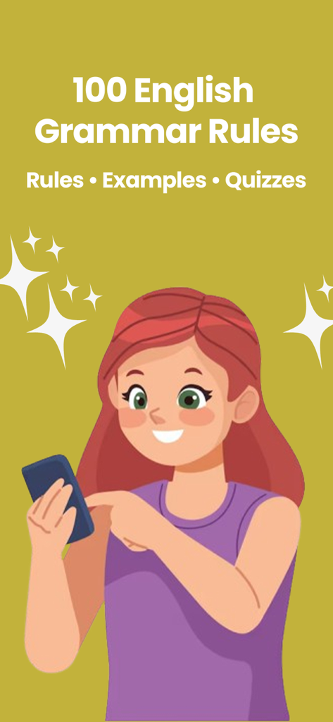 100 English Grammar Rules - Pantalla promocional de la aplicación 100 Reglas de Gramática Inglesa con una ilustración de un estudiante usando un teléfono con texto para ejemplos de reglas y cuestionarios