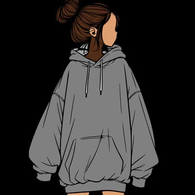 realistic girl with a oversized sweatshirt on and a bun