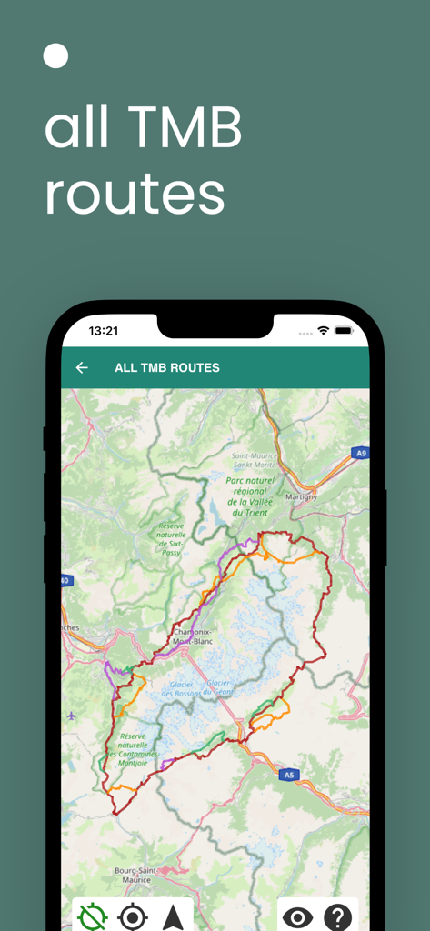 TMBmap - Smartphone screen showing all Tour du Mont Blanc trekking routes on a map