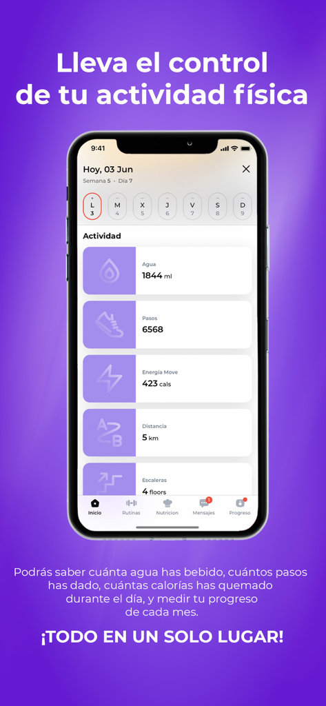 Weepa by Adriana Meaury - Panel de seguimiento de actividad diaria en la aplicación Weepa mostrando la ingesta de agua, pasos y calorías quemadas