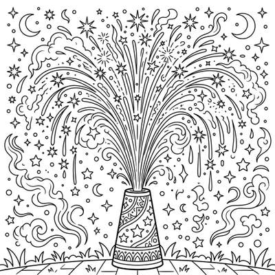 Experience the magic of a festive night with this captivating fountain fireworks coloring page. Watch as sprays of sparks, stars, and moons explode across the sky, waiting for your vibrant touch.
