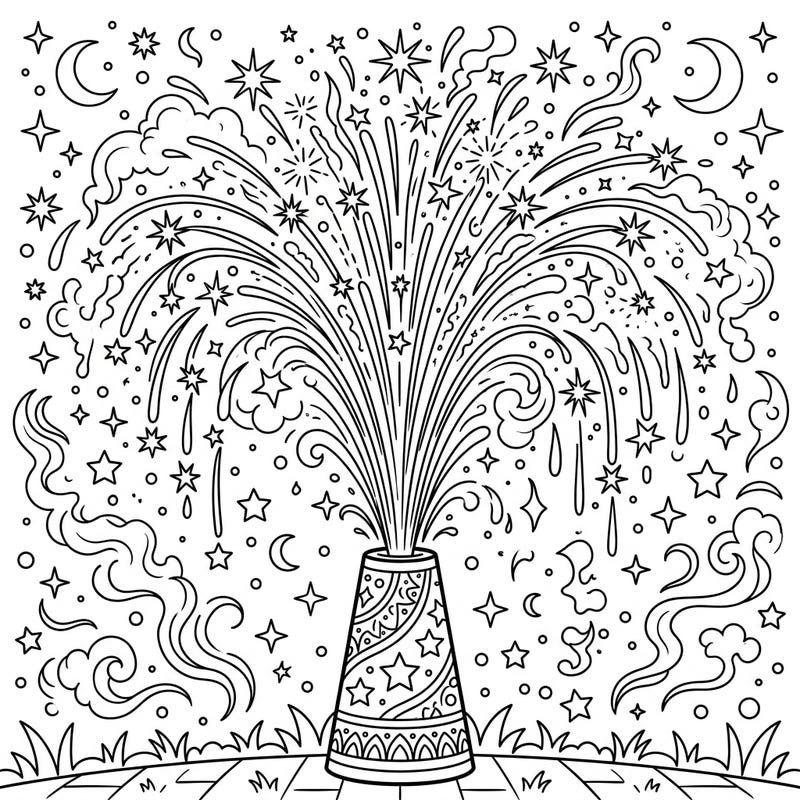 Experience the magic of a festive night with this captivating fountain fireworks coloring page. Watch as sprays of sparks, stars, and moons explode across the sky, waiting for your vibrant touch.