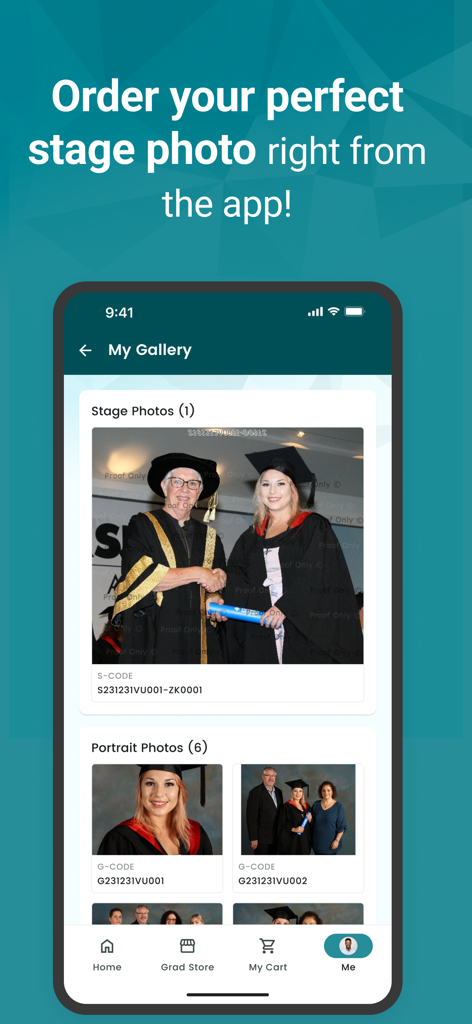 Reed Events - Reed Eventsモバイルアプリのインターフェース。卒業ステージとポートレート写真のギャラリーが表示されます。