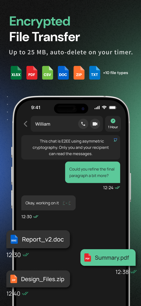 Interface do aplicativo EXTRA SAFE mostrando transferência de arquivos criptografada com um temporizador de autodestruição para documentos e mensagens compartilhados.