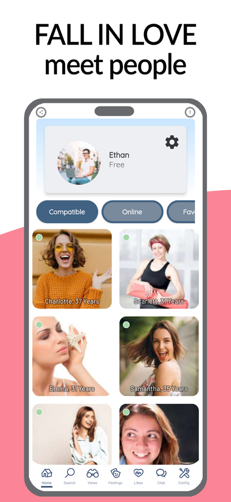 QuoDating App-Oberfläche, die ein Raster von Benutzerprofilen zur Kontaktaufnahme zeigt