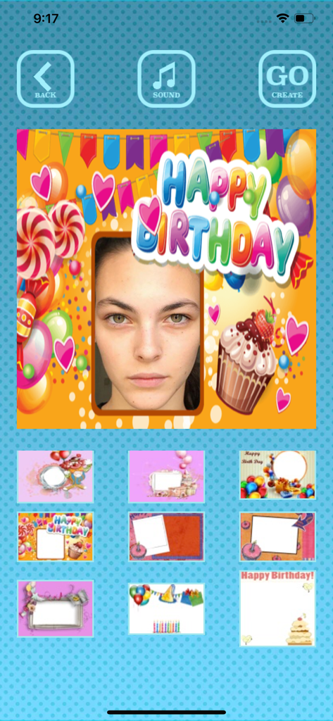 Birthday videos maker - Interfaz de la aplicación Creador de videos de cumpleaños que muestra una foto dentro de un marco festivo de cumpleaños y opciones de plantillas.