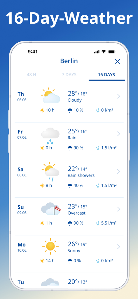 weather 24: Forecast & Radar - A mobile app screenshot displaying a detailed 16 day weather forecast with daily icons temperatures and rain probability
