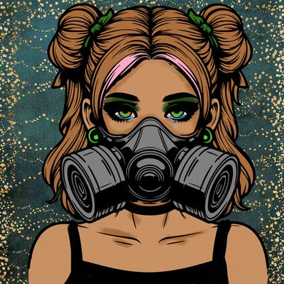 realistic lady wearing a gas mask