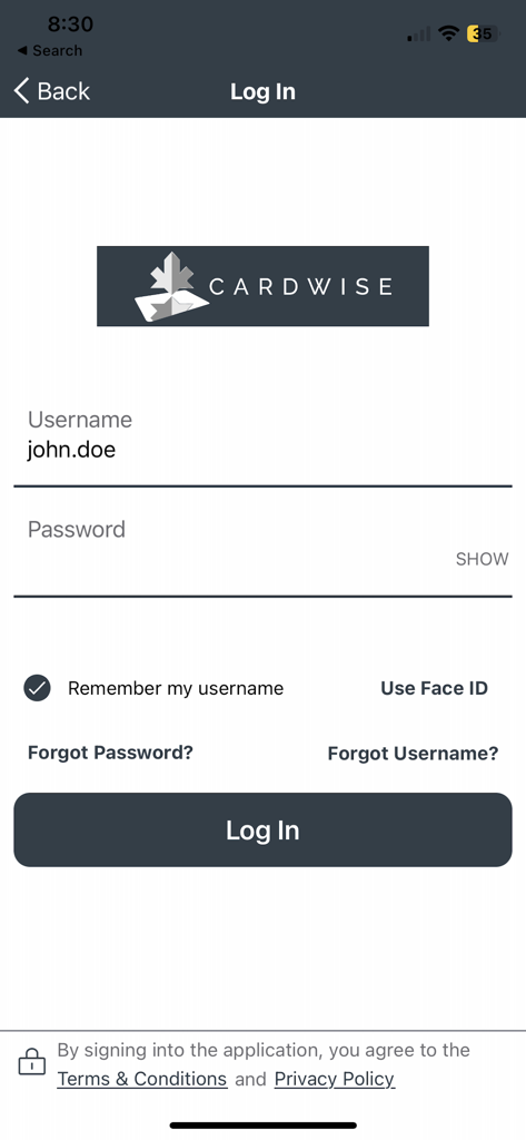 CardWise Mobile - CardWise Mobile app login screen with username and password fields and Face ID option.