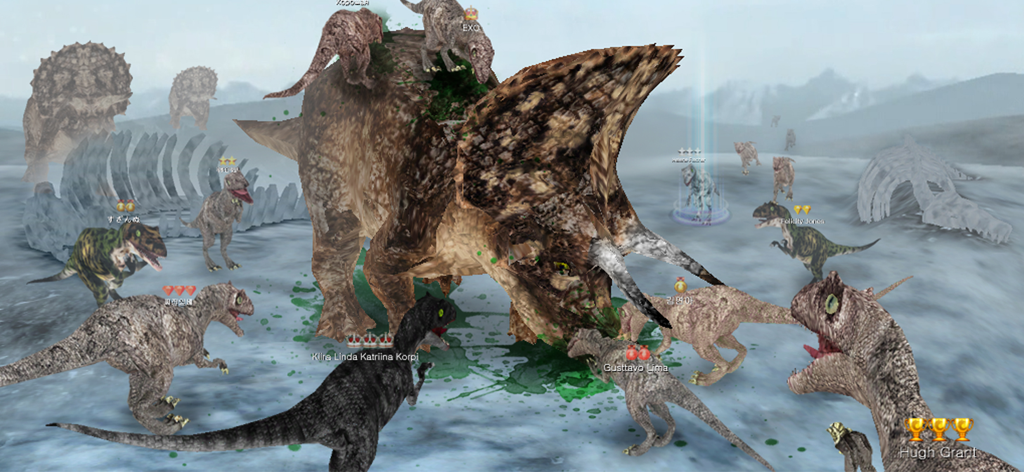 A group of predator dinosaurs attacking a large triceratops in a snowy environment in the Dinos Online game
