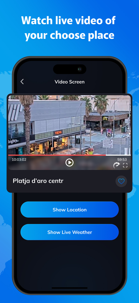 LiveCam : Live Earth Camera - Interfaz de la aplicación LiveCam que muestra una transmisión de video en vivo de una calle de la ciudad con botones de ubicación y clima
