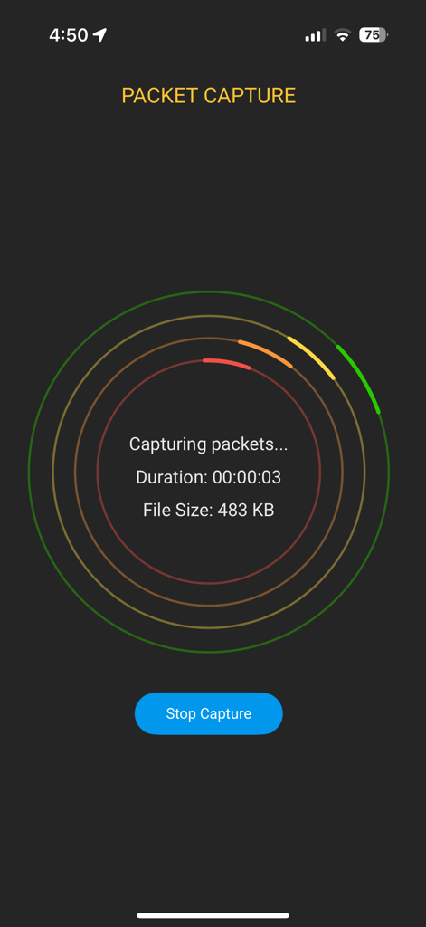 Uno screenshot dell'app Ekahau Analyzer che mostra una cattura di pacchetti in corso con statistiche sulla durata e sulla dimensione del file.