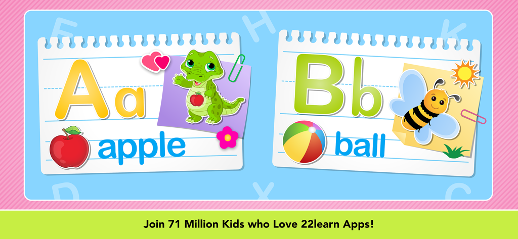 Educational app screen showing alphabet letters A for apple and B for ball with colorful illustrations for kids