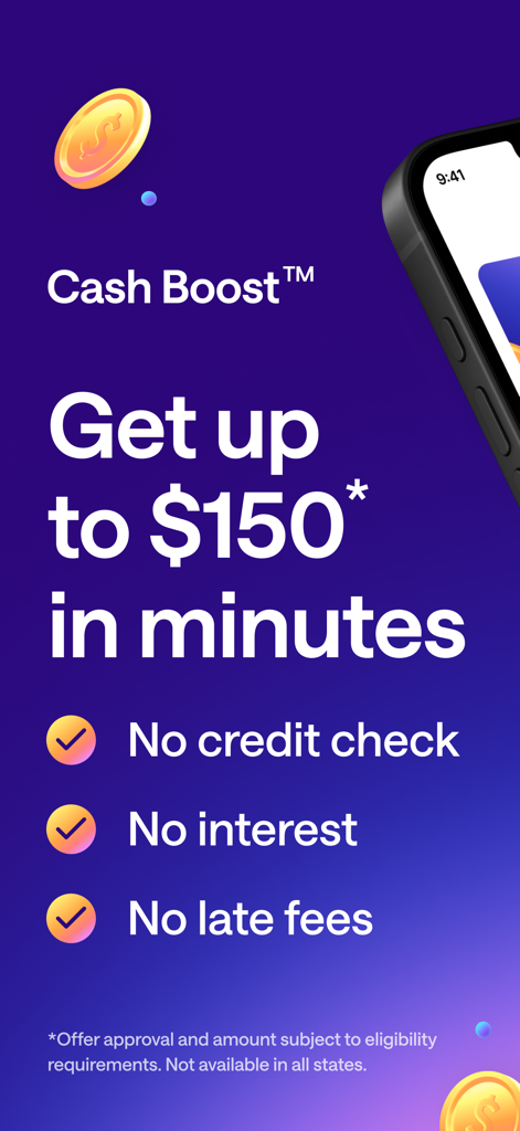 Credit Genie app screen promoting a cash boost of up to 150 dollars with no credit check and no interest
