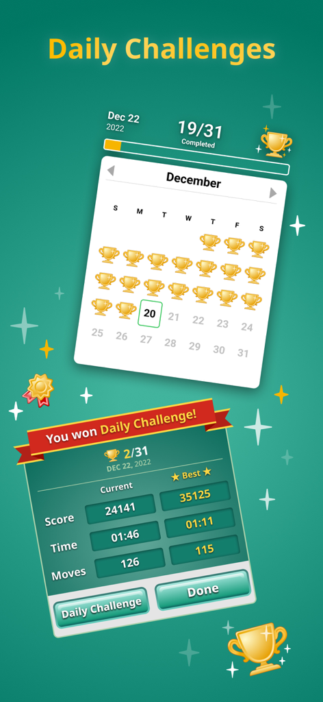 Calendario de desafíos diarios de Solitaire Klondike Classic y estadísticas de partidas ganadas