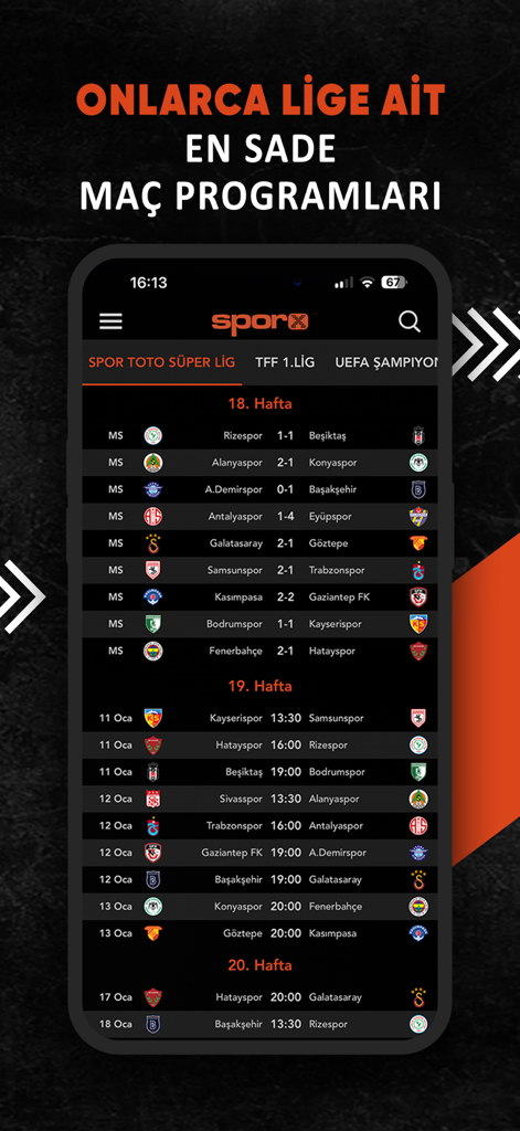 Sporx - Spor Haber, Canlı Skor - Interfaz de la aplicación móvil Sporx mostrando el calendario de partidos de fútbol de la Super Lig turca y los resultados.