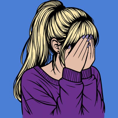realistic girl in a ponytail covering her face with her hands