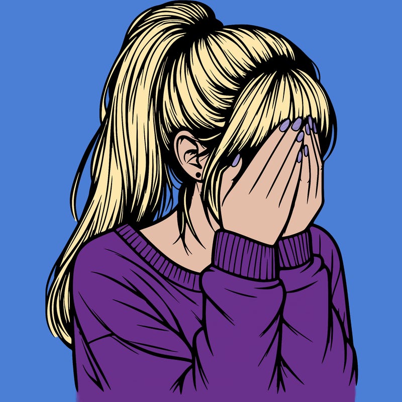 realistic girl in a ponytail covering her face with her hands