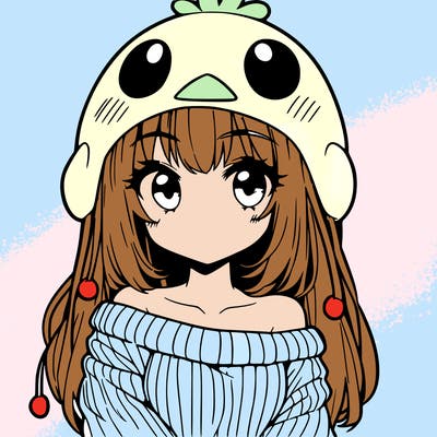 anime girl with chick shaped hat with sweater with bare shoulders with bangs covering them one eye with low tail