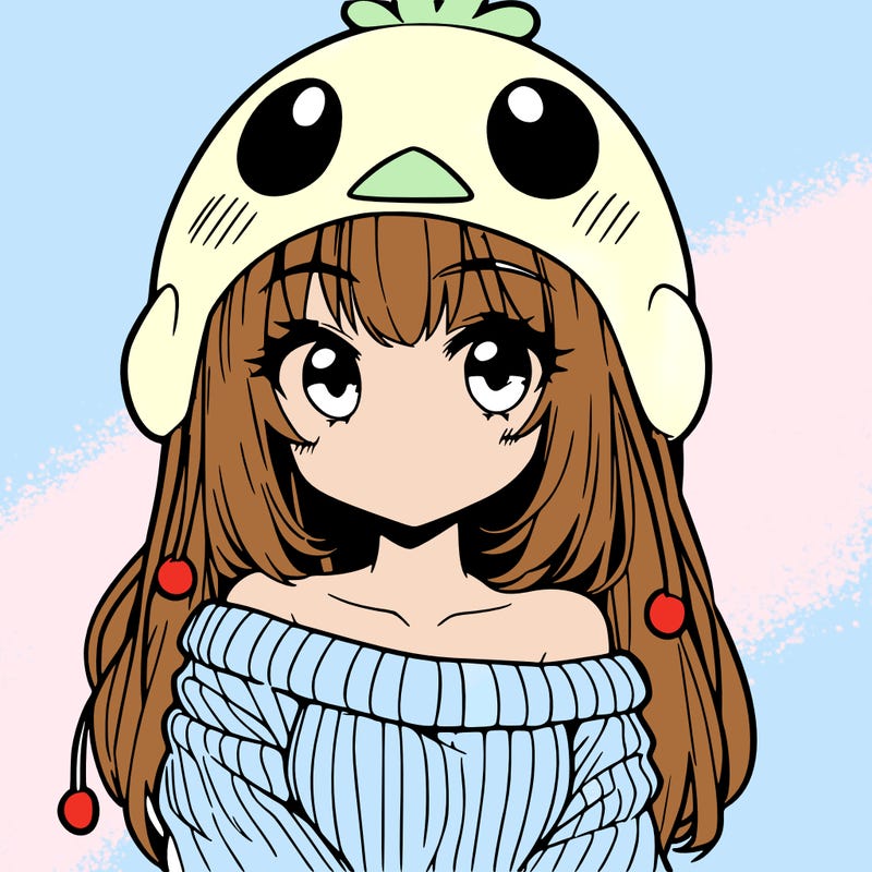 anime girl with chick shaped hat with sweater with bare shoulders with bangs covering them one eye with low tail