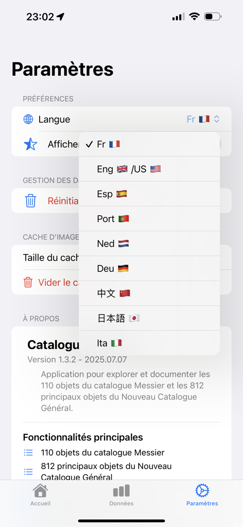 CatalogueMessier - Menú de configuración de la aplicación CatalogueMessier que muestra varias opciones de idioma con banderas.