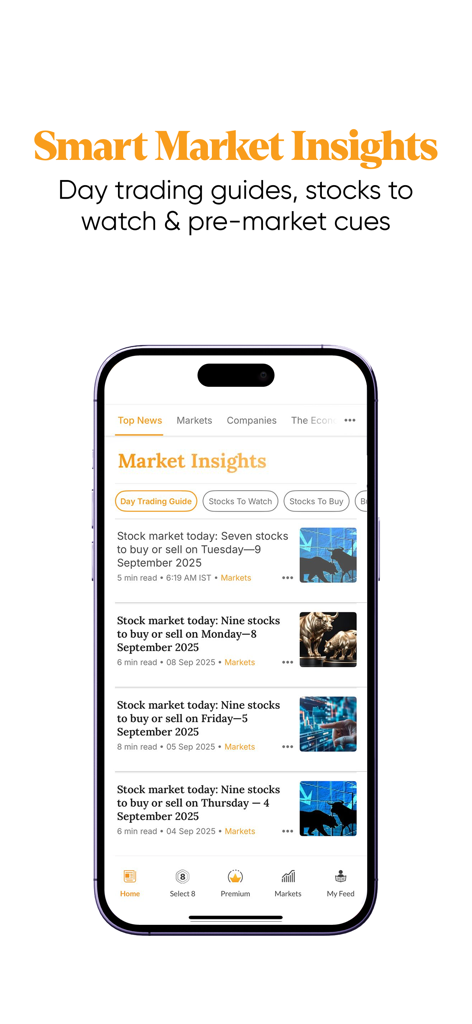 Mint News App exibindo insights inteligentes de mercado, incluindo guias de day trading e recomendações de ações em um iPhone.