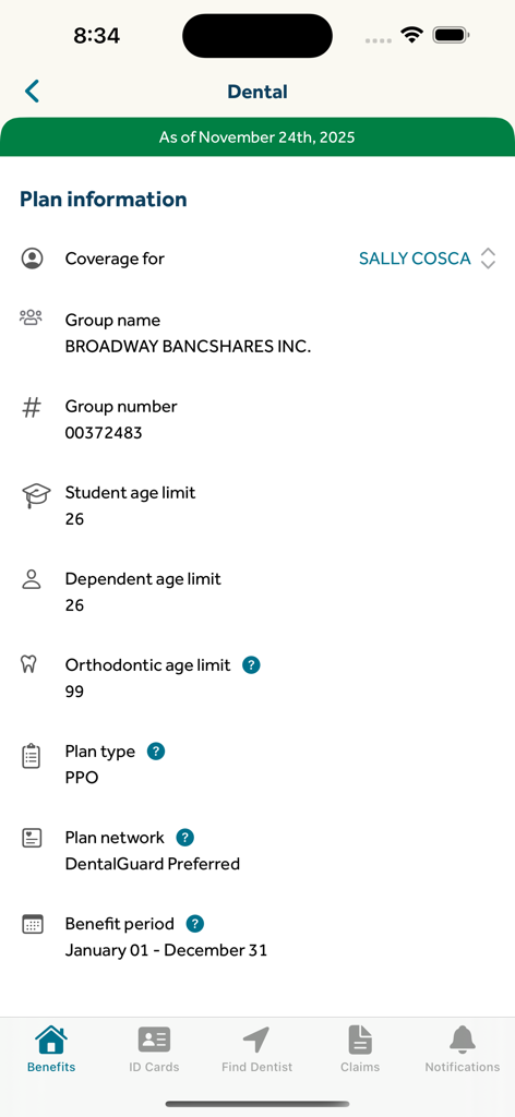 Screenshot of the Guardian Dental and Vision mobile app showing detailed dental plan information and group coverage details.