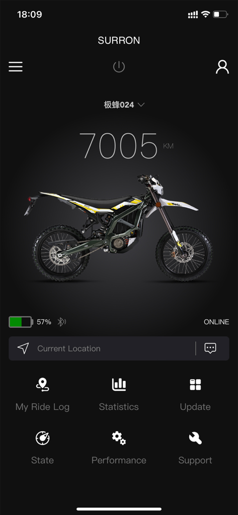 SURRON - Surron mobile app interface showing electric bike diagnostics battery percentage and ride statistics