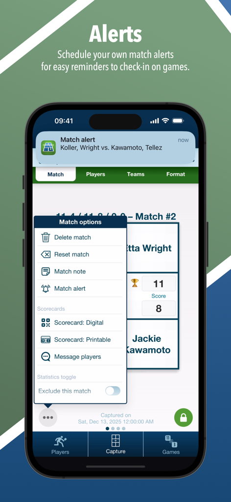 KeepaScore Pickleball Brackets - KeepaScore app showing pickleball match alerts and tournament management settings