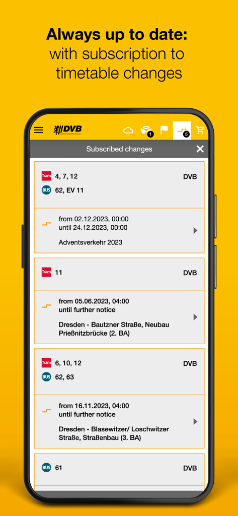 DVB mobil - DVB mobil app interface showing subscribed timetable and schedule changes for trams and buses in Dresden.