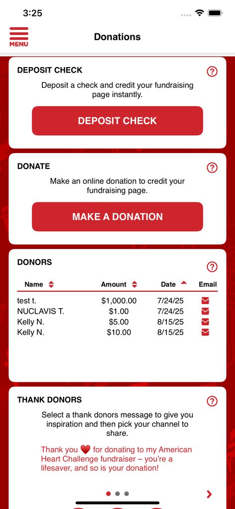 The donations management screen in the AHA Schools app showing a donor list and deposit options.