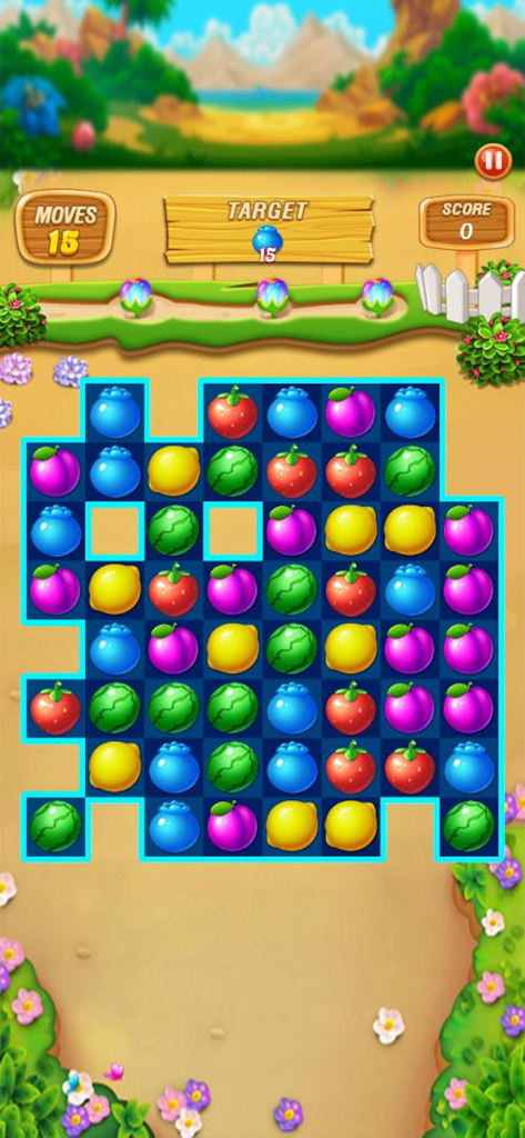 열대 배경의 다채로운 과일 그리드를 보여주는 Fruit Frenzy Link Match Puzzle 게임 플레이
