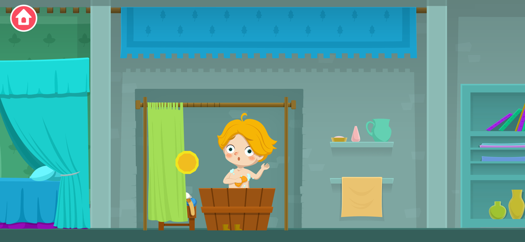 Un personaggio del Piccolo Principe in versione cartone animato che fa il bagno in una vasca di legno all'interno di una stanza del castello medievale.