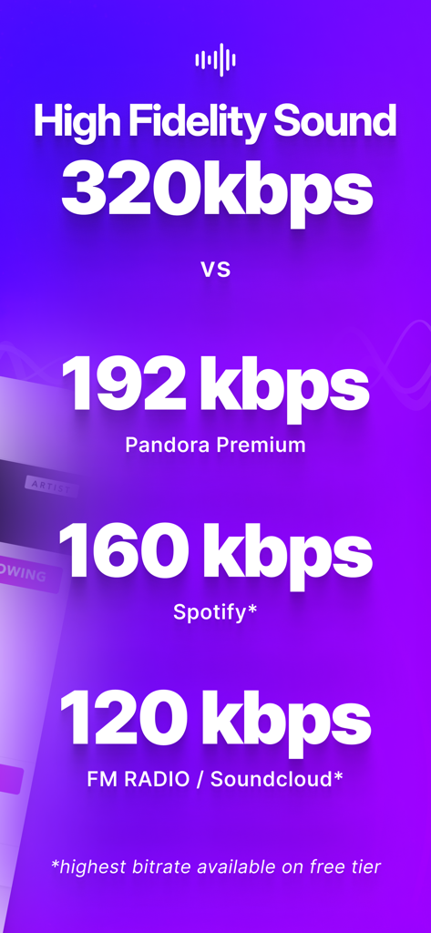 Comparison of Audius 320kbps high fidelity sound against other music streaming platforms