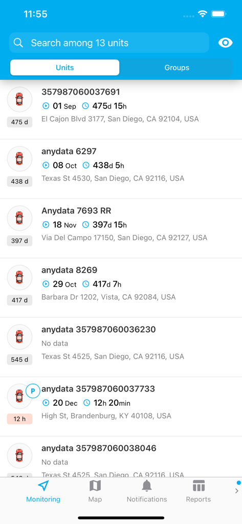 MiFleet Drive - Monitoring screen of MiFleet Drive showing a list of vehicle units with their last recorded addresses and status durations.