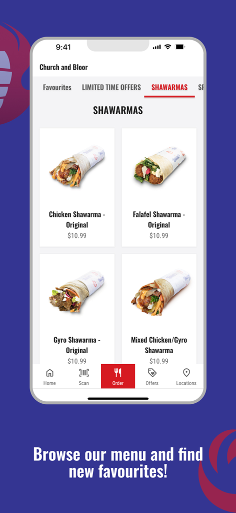 Tahini's Restaurants - Tahinis Restaurants mobile app screen displaying a menu of chicken and falafel shawarma wraps
